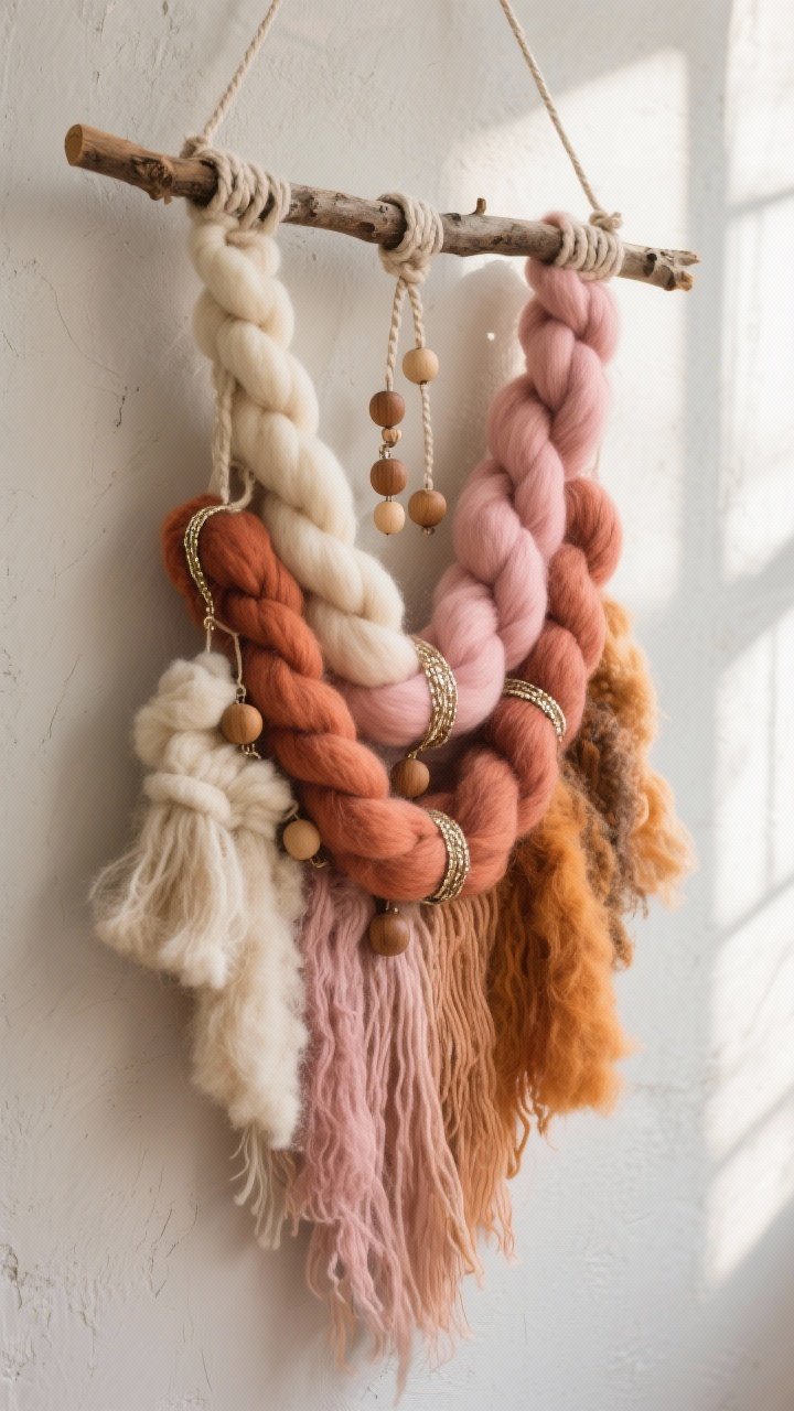 Photorealistic closeup of a boho yarn wall hanging: chunky yarn strands in 4 colors (cream, terracotta, clay pink, and ochre) looped onto a foraged branch using lark’s head knots, stacked in a soft ombré and trimmed into a V shape; mixed yarn textures (wool, cotton, and roving) with a few wooden beads and subtle metallic thread wraps; fringe ends lightly combed for a soft, feathery finish; neutral plaster wall backdrop with soft natural window light grazing the fibers to emphasize texture; no people, detail-focused composition