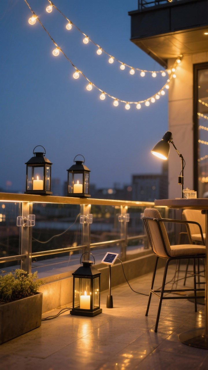 Photorealistic evening medium shot creating rooftop-bar mood lighting: warm white LED string lights zigzagging overhead and wrapped along the railing, a pair of matte black lanterns with flameless candles glowing on the floor, and a discreet solar pathway stake glowing from inside a planter. Add a small clip-on reading light attached to a chair arm. Subtle reflections on metal, tidy cables held by clear adhesive hooks. Golden, cozy ambiance with warm color temperature; straight-on composition capturing layered light sources without people.
