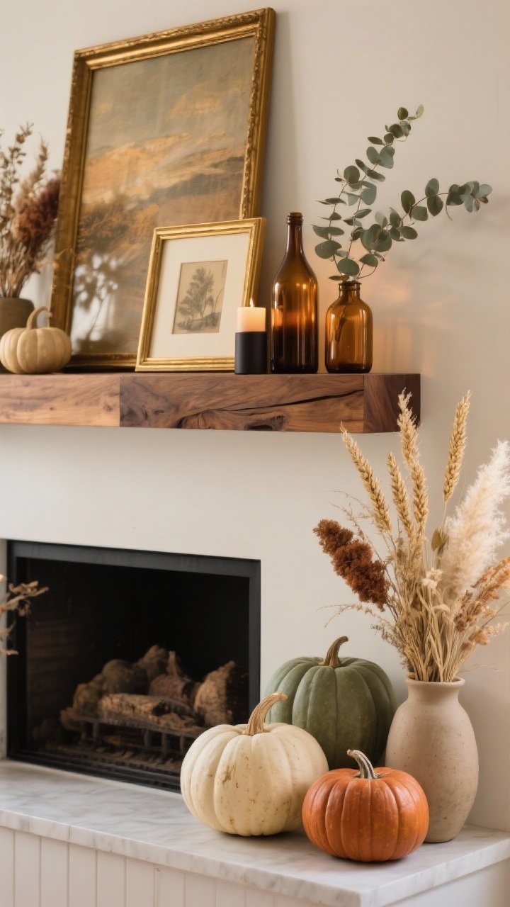 Photorealistic medium shot from a slight corner angle focusing on fall layers and textures: warm metals and wood—brass frames and walnut accents—layered on the mantel, with amber glass bottles creating depth. Curated matte ceramic or heirloom-style pumpkins in muted tones of sage, cream, and rust, arranged sparingly. Dried botanicals like pampas grass, wheat, or caramel-toned eucalyptus in a warm neutral vessel. Include a smaller framed print layered slightly off-center in front of the main art, and a dark taper candle for a moody lift. Soft, warm afternoon light for cozy richness.