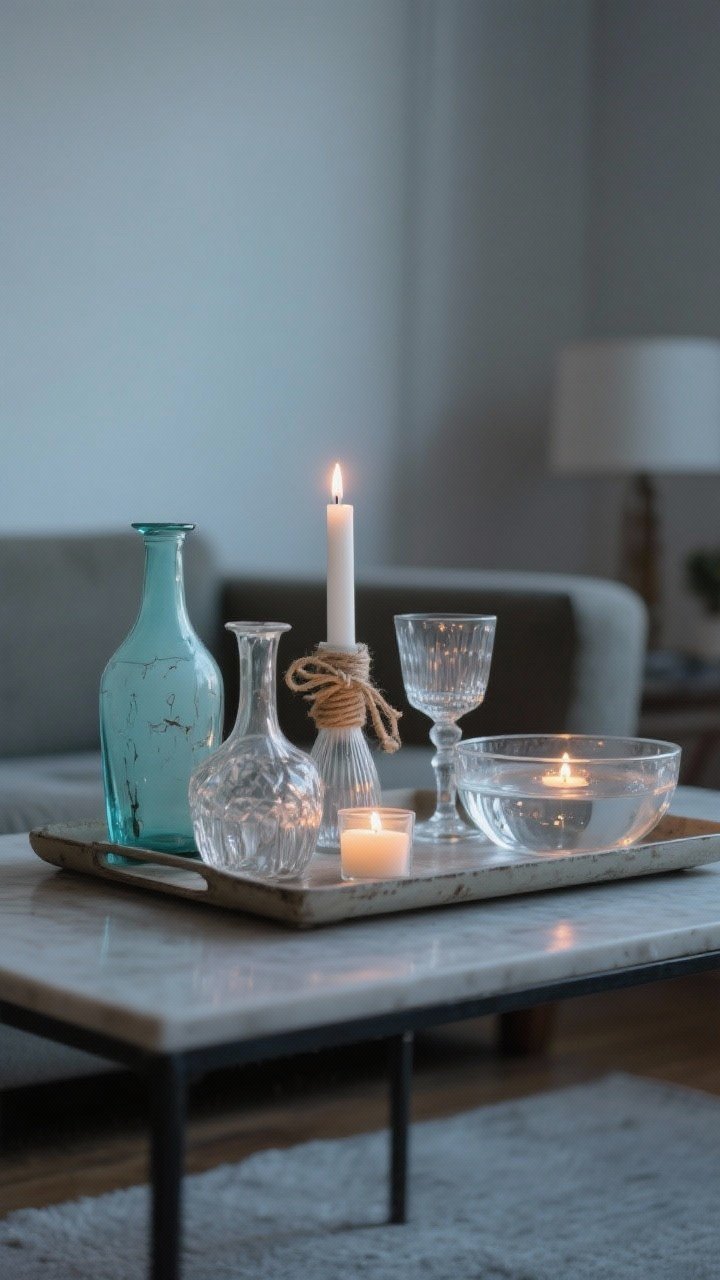 Photorealistic medium shot of a curated thrifted glass centerpiece on a low coffee table: mismatched clear glass vases, a chunky glass bowl, and a quirky goblet arranged on a simple tray; varied heights (tall vase, medium goblet, short bowl), tea lights and a single white pillar candle glowing warmly; one colored glass piece in soft aqua for personality; a small ribbon-wrapped base on a scratched vessel and jute twine on another; include a shallow glass bowl with a splash of water and a floating tea light for a soft shimmer; minimalist living room backdrop, evening ambient lighting, clean, chic, and calm.