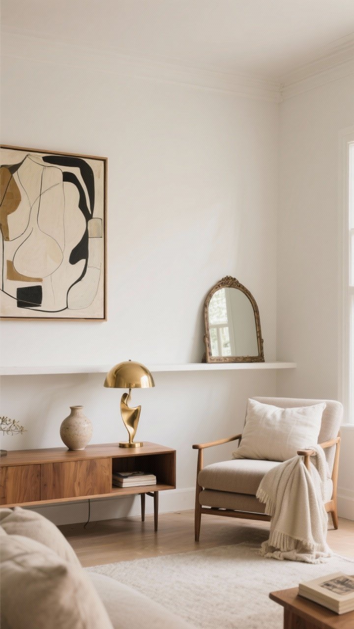 Photorealistic medium shot of a living room “after” scene showing a curated minimalist-maximalist edit: a warm white wall with a single large-scale abstract art piece hung at eye level, a sculptural brass lamp on a slim wood side table with storage beside a cozy reading chair, a vintage arched mirror leaning on a pared-back shelf with ample negative space; include one sentimental accent like a delicate ceramic vase centered on the shelf; no duplicate decor, no tired textiles—use fresh, plump pillows and a soft throw; natural daylight, clean breathing room, styled but intentional, straight-on perspective.