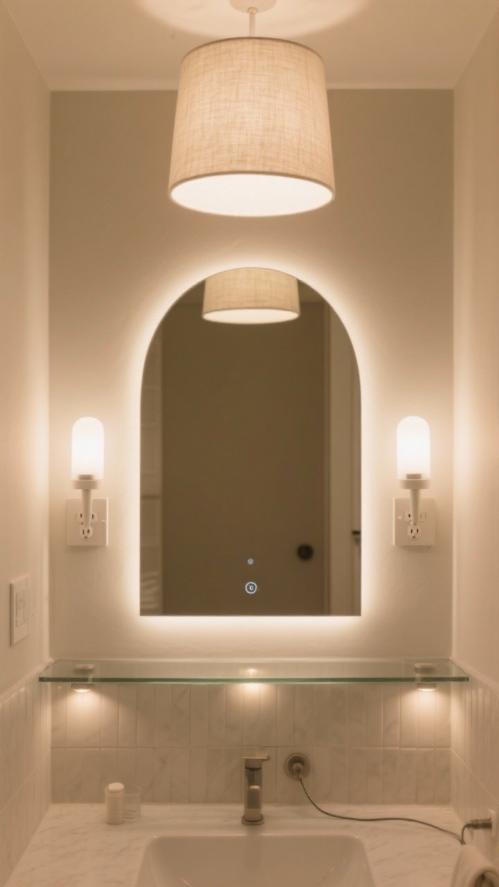 Photorealistic medium shot of a small bathroom vanity area showcasing layered lighting: warm white (2700–3000K) LED bulbs in a frosted linen-shaded overhead fixture, paired with two plug-in sconces flanking a large arched mirror that bounces light; subtle stick-on puck lights glow under a slim shelf above the mirror; frameless glass accents, soft diffused lighting, neutral tile, and a bright, flattering ambiance without visible cords; no people.