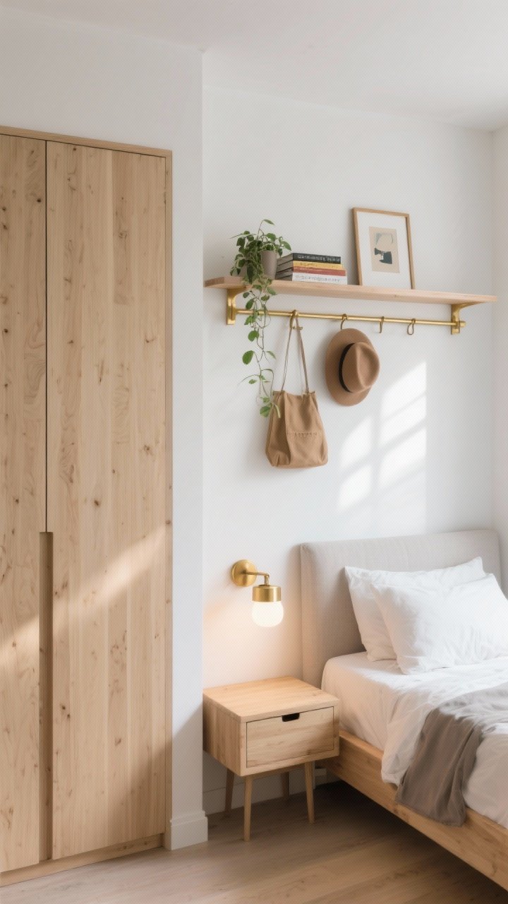 Photorealistic medium shot of a small bedroom wall showcasing vertical storage: a shallow over-bed shelf (under 12 inches deep) above a simple headboard, styled with a few books, a small trailing plant, and a framed art print; tall, narrow light oak wardrobe with clean vertical lines; a matte brass wall rail with neatly hung hats and a bag matching brass brackets; floating light oak nightstands with a soft-glow brass sconce above each. Color palette: soft white walls, light oak wood, brass accents. Clean, cohesive materials, minimal clutter. Natural morning light with gentle shadows, straight-on perspective.
