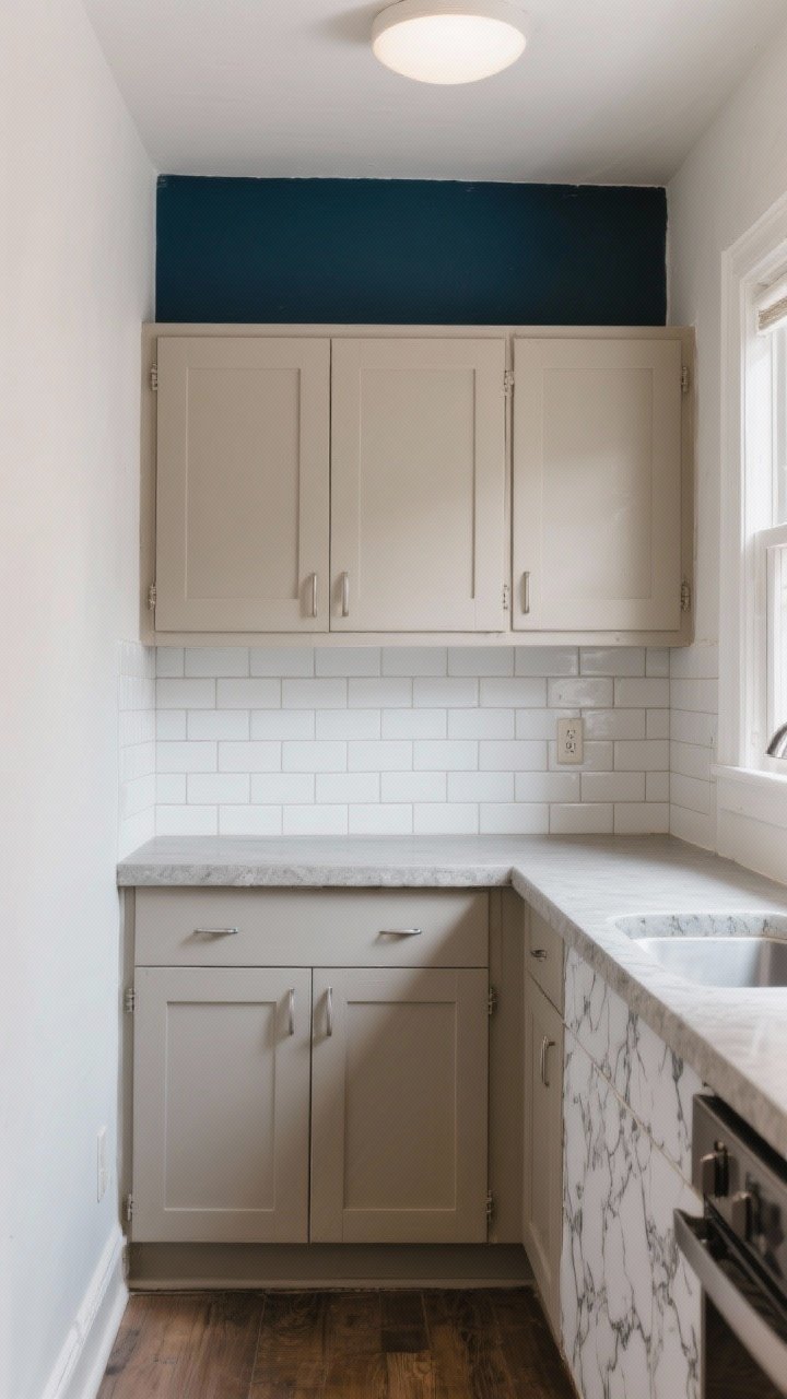 Photorealistic medium shot of a small galley kitchen freshly painted in a crisp light color with a moody deep navy accent wall at the far end; cabinets refinished in warm greige enamel with a subtle semi-gloss sheen; a renter-friendly peel-and-stick backsplash in classic white subway tile with light gray grout; countertops updated with a concrete-look paint kit on one side and marble-effect contact paper on a small peninsula; natural daylight and soft overhead ambient light emphasizing wipeable, semi-gloss surfaces; no people, tidy and modern, showing quick-transform surfaces and cohesive finishes.