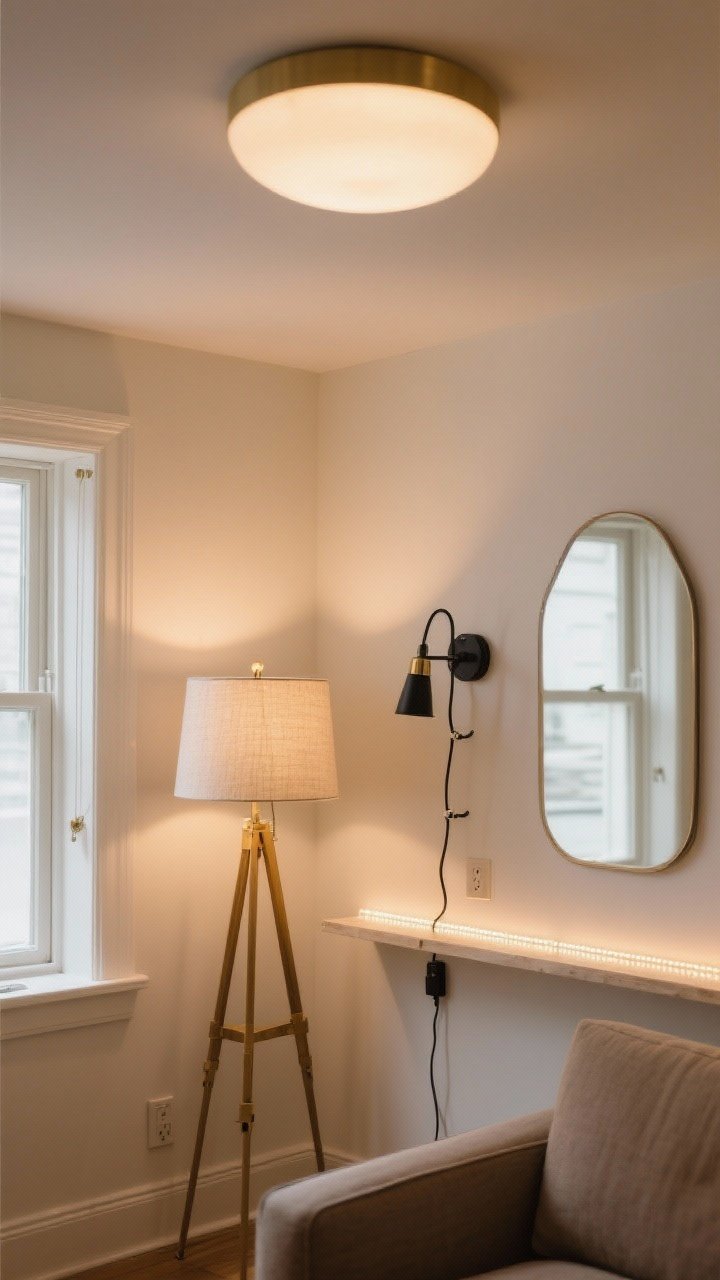 Photorealistic medium shot of a small living room corner framed by layered lighting: a warm-white (2700–3000K) overhead ceiling fixture, a brass floor lamp with a linen shade casting soft glow, and subtle LED strip lights tucked under a wall shelf for sparkle; a plug-in black metal sconce with a fabric cord cover flanks a mirror placed directly across from a window to bounce light; tidy cords secured with cable clips, cozy ambiance with soft shadows, no people.