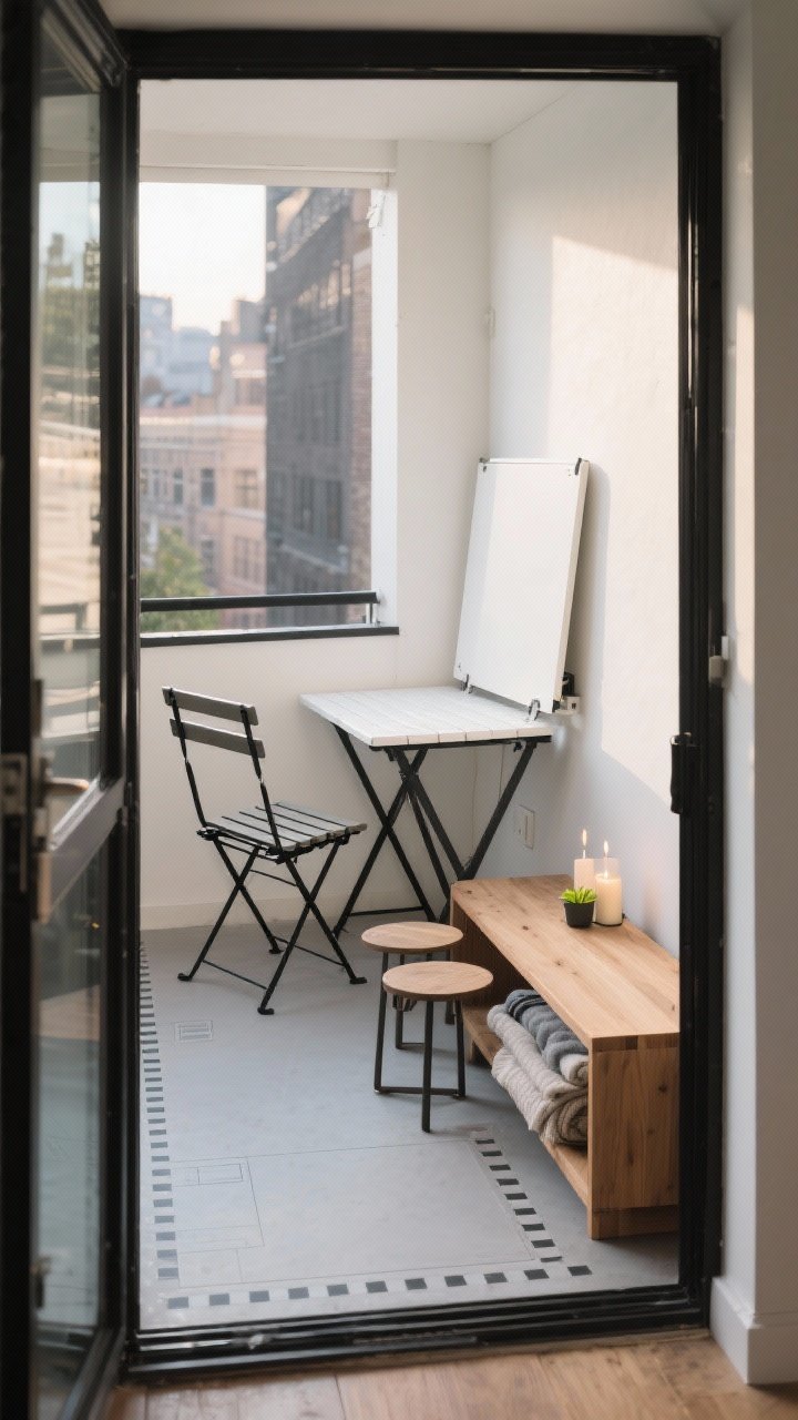 Photorealistic medium shot of a tiny urban balcony optimized with multi-tasking furniture: a folding black metal bistro set (table and two slatted chairs) positioned beside a wall-mounted white drop-leaf table folded down, plus a slim wood storage bench with a lift-up seat concealing blankets and citronella candles. Include a pair of nesting side tables tucked partially under the bench. Straight-on view from the doorway, late afternoon natural light, neutral palette with black, white, and natural wood. Subtle tape outline marks visible on the indoor floor just inside the threshold to hint at planning. Clean, uncluttered styling; no people.