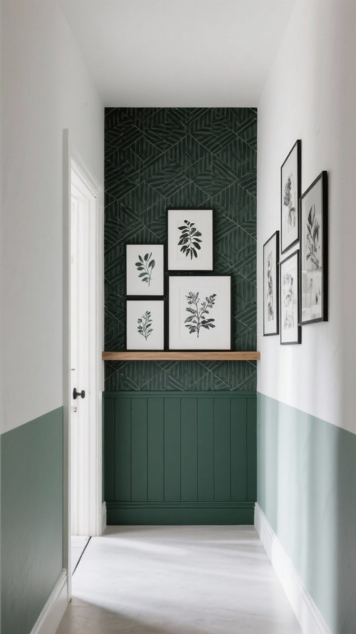 Photorealistic medium shot of an entryway statement wall: a narrow foyer with peel-and-stick wallpaper in a moody geometric pattern on one wall, opposite walls in soft white; a half-wall paint treatment on the wallpapered wall with the lower half in a dark sage green creating a modern wainscoting effect; a slim picture ledge holding layered art prints (botanicals and black-and-white sketches) for a curated gallery look; natural light reflecting softly, keeping the space bright; single clear focal point on the feature wall; clean floor, no people, refined, welcoming mood.