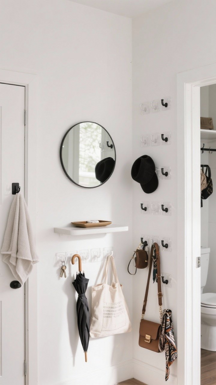 Photorealistic medium shot of an entryway wall showcasing renter-safe vertical storage with adhesive command hooks: matte white walls cleaned and prepped, a staggered grid of clear and matte black hooks holding keys, hats, umbrellas, and tote bags; a small round mirror above a slim floating shelf styled with a catchall tray; additional scene vignettes include a bathroom door edge with a towel/robe on a hook and a closet corner with vertical rows of hooks displaying purses, belts, and scarves like a boutique display; soft natural daylight, clean minimalist styling, no damage to walls, subtle reflection in mirror