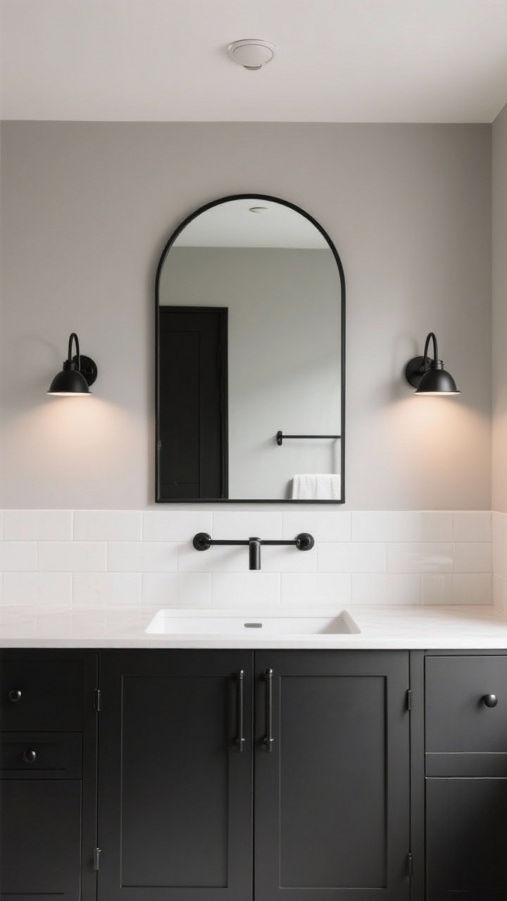 Photorealistic medium shot, straight-on view of a modern bathroom vanity focusing on upgraded basics: matte black cabinet pulls and a matching towel bar, a pair of eye-level black metal sconces flanking an arched, thin-framed black mirror. Replace ceiling “boob light” with a sleek flush-mount. Clean lines, solid-weight fixtures, consistent finish throughout. Neutral backdrop with white tile and soft gray walls, soft warm lighting that flatters skin tones. Emphasize the intentional, cohesive hardware and mirror swap; avoid flimsy pieces.