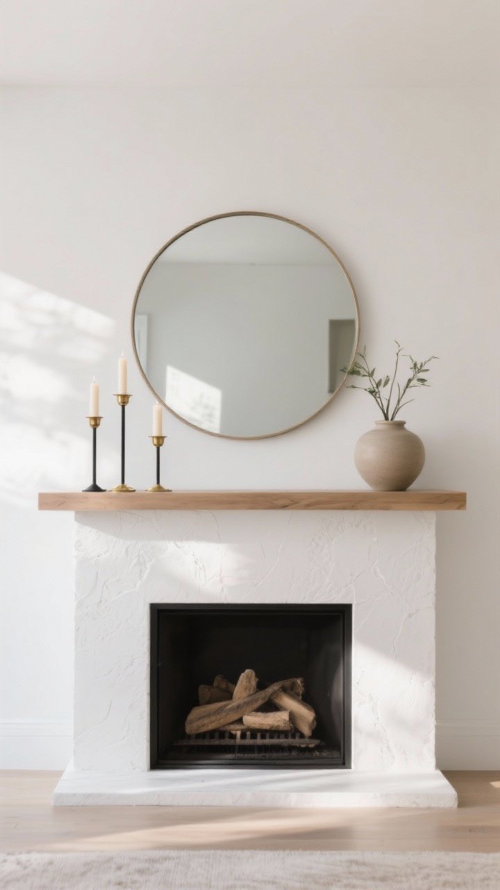 Photorealistic medium shot, straight-on view of a modern fireplace mantel styled as a timeless year-round base: a large round mirror centered above the mantel as the anchor, flanked by two to three consistent candle holders in varying heights in a single finish (choose brass or matte black), and a neutral ceramic vase ready for stems. Clean, minimal, balanced symmetry, white or light neutral wall, natural daylight with soft shadows. Surfaces show subtle texture of painted plaster and smooth wood mantel. No seasonal decor yet—just the foundational pieces, crisp and intentional.