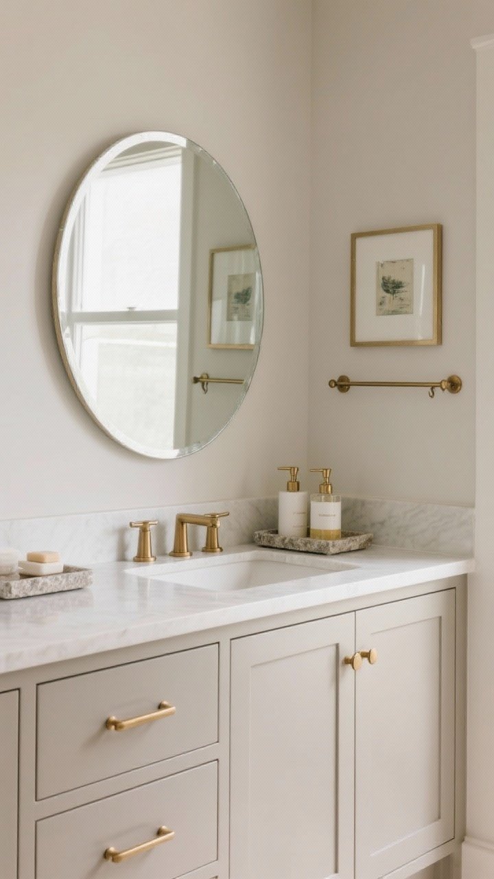Photorealistic straight-on medium shot of accessory upgrades: a vanity with matching brushed brass hardware (cabinet pulls, towel bar, and hooks) repeated for cohesion, a round beveled-edge statement mirror, a small framed print protected with glass on the adjacent wall, matching refillable soap and lotion dispensers on a stone tray catch-all; neutral walls and subtle reflections; balanced, soft lighting; no people.