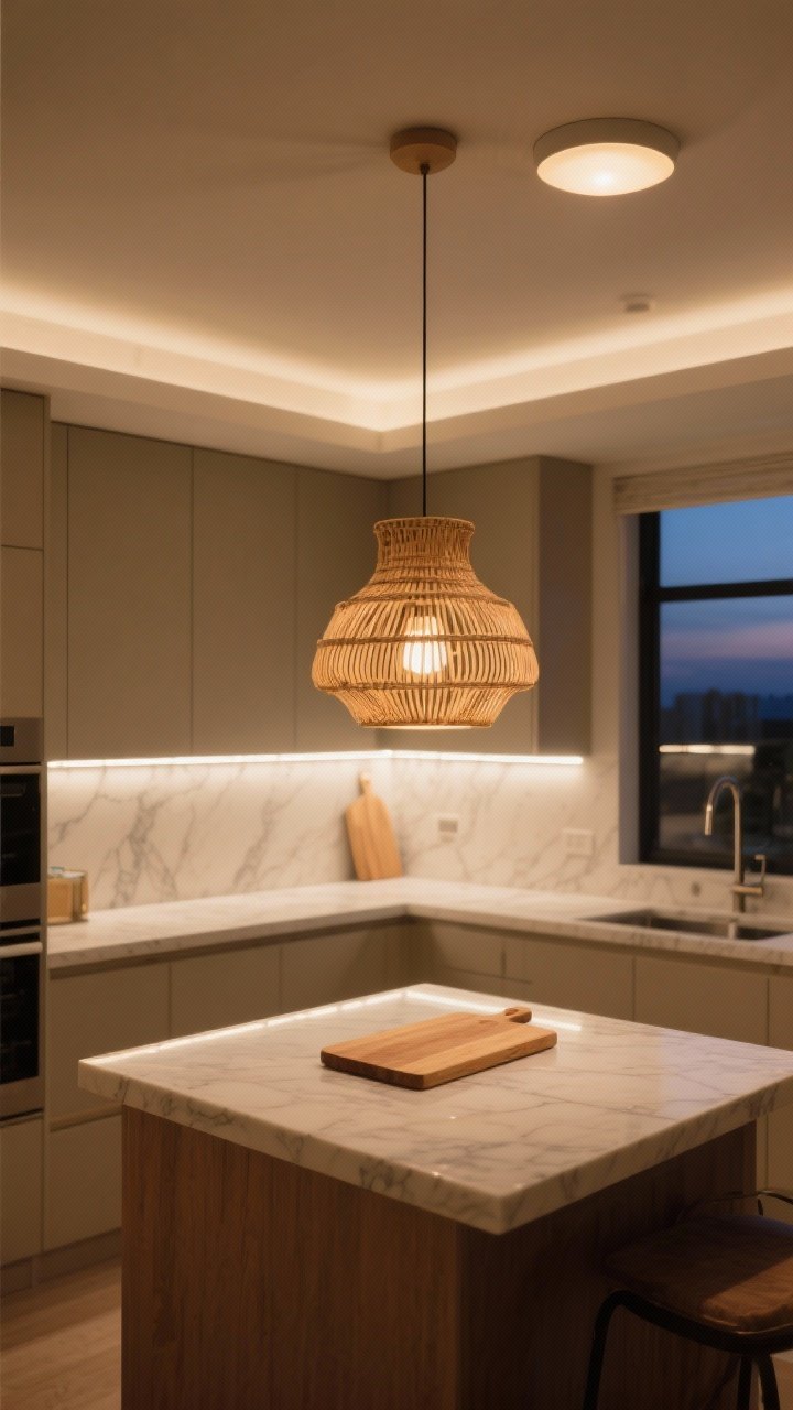 Photorealistic wide room shot of a kitchen lighting glow-up: a single sculptural rattan pendant centered over a small island, warm 2700–3000K bulbs throughout; peel-and-stick under-cabinet LED light strips casting an even glow across marble-look counters; a secondary overhead flush mount dimly lit for ambiance; night/dusk scene to emphasize layered lighting and cozy mood; no people, neutral cabinetry, counters clear except a cutting board.