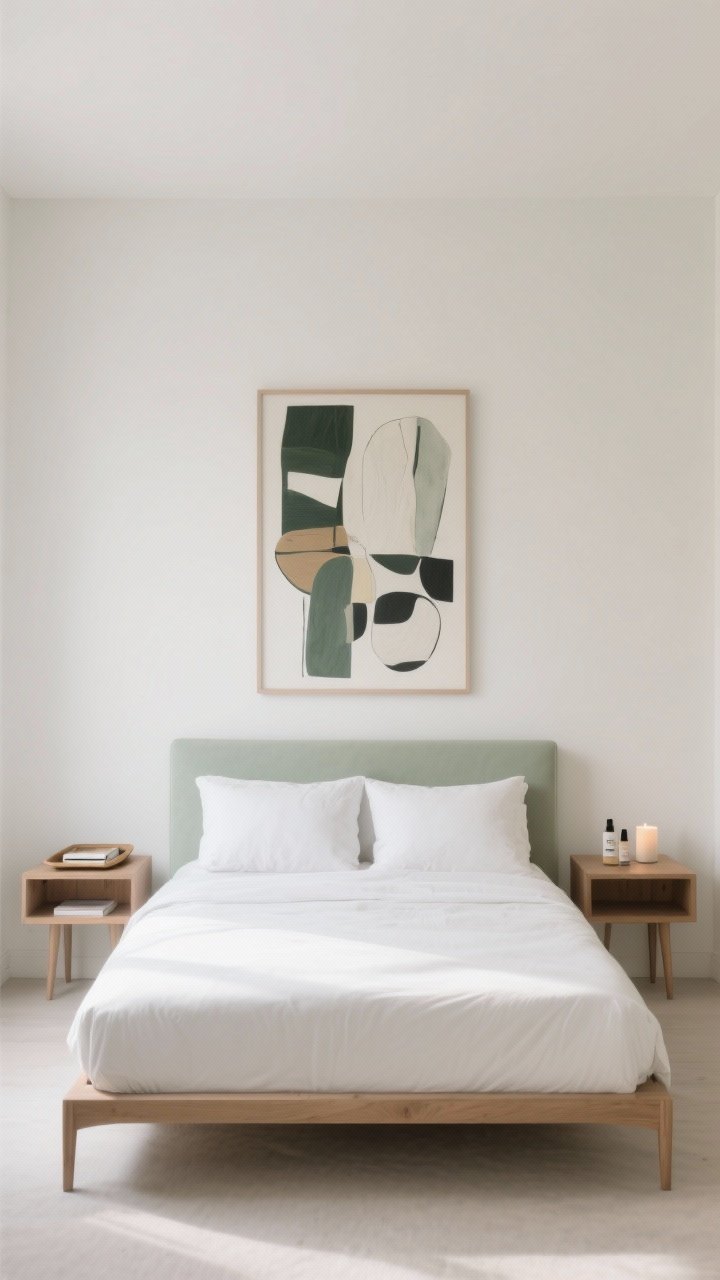 Photorealistic wide shot of a minimalist, edited bedroom layout: bed centered on the wall with symmetrical, petite nightstands; a slim bed frame and low-profile bedding; one large statement art piece above the headboard (bold but not busy), no clutter. Include a small tray on one nightstand corralling a book, lotion, and a candle. Palette restrained to 2–3 hues (e.g., soft white, muted sage, natural wood). Clean lines, ample negative space. Soft, even daylight with gentle contrast, eye-level straight-on composition emphasizing balance.