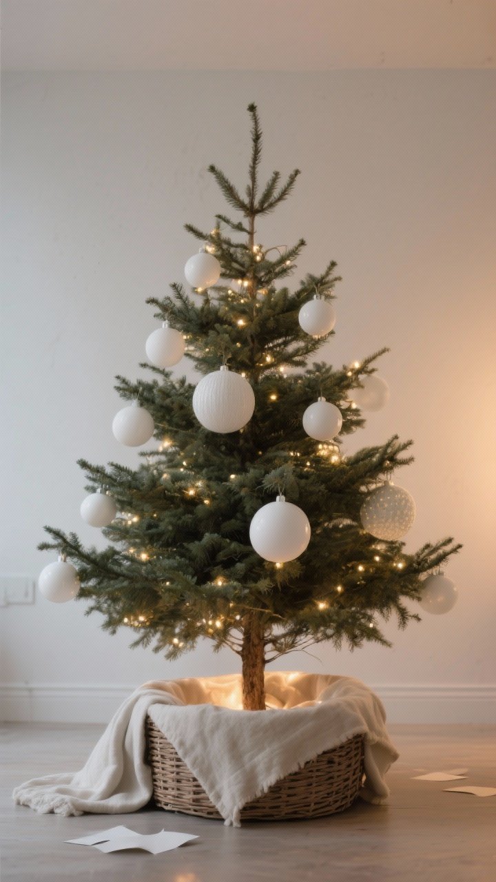 Straight-on medium shot of a minimalist Christmas tree: Lights placed deep inside near the trunk for a soft inner glow; ornaments limited to one style—matte white balls in small, medium, and large—arranged with breathing room; no topper; base finished with a woven basket collar or a neatly folded linen throw; optional paper ornaments in the same tone; the overall feel is quiet sparkle and cohesive minimalism under warm evening lighting.