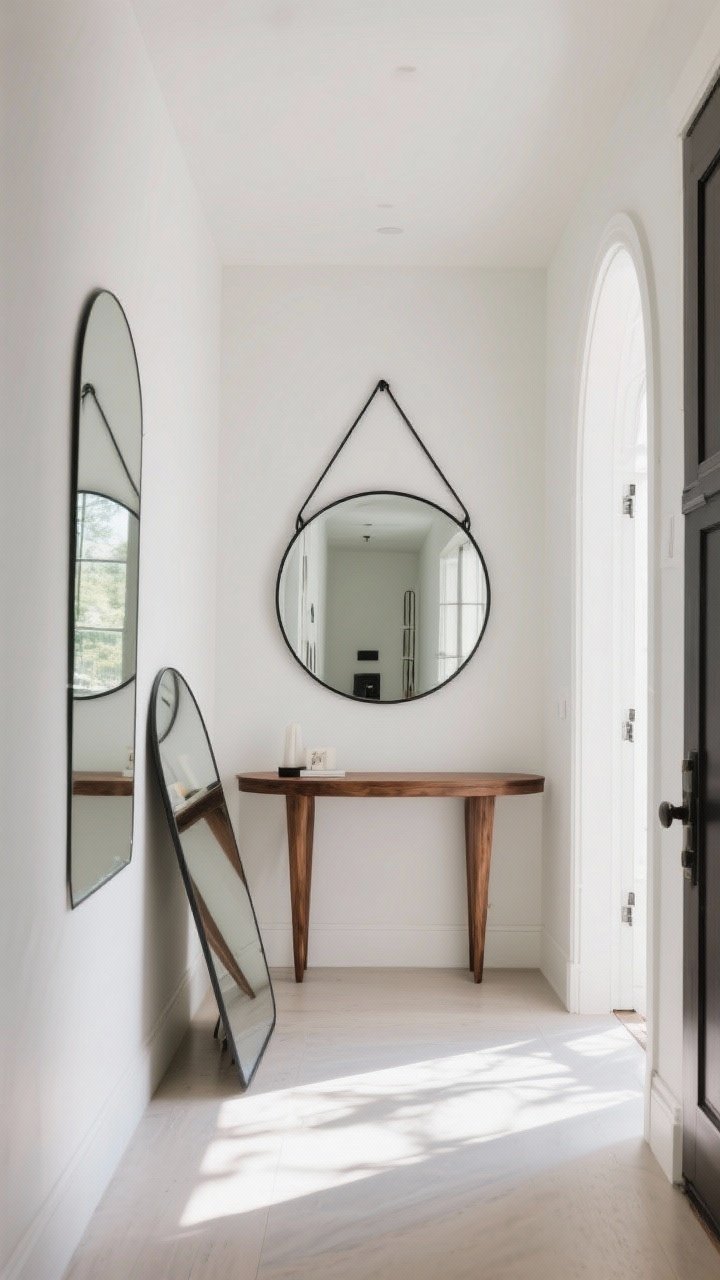 Straight-on medium shot of mirror magic in a narrow entry: a large round mirror with a thin black metal frame centered above a walnut console to soften hallway lines; an arched floor mirror leaning on the adjacent wall, adding architectural interest; mirror placements at eye level and opposite a window to bounce natural light and visually expand the space; minimal styling on the console to keep focus on reflections and brightness; crisp, bright daytime lighting, clean lines, upscale feel.