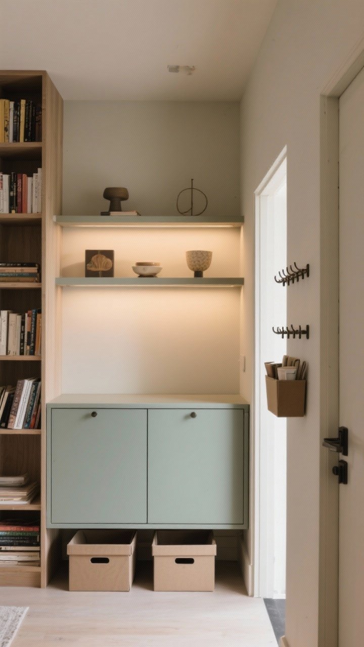 Straight-on view: A wall with integrated storage showing closed cabinetry below (color-matched to the wall) and open shelving above displaying a few curated pieces; tall bookcase to the side, a peg rail near an entry nook, and a slim back-of-door rack just visible with organized items; bins and boxes match the wall color to disappear; warm, even lighting that keeps the look calm and intentional.