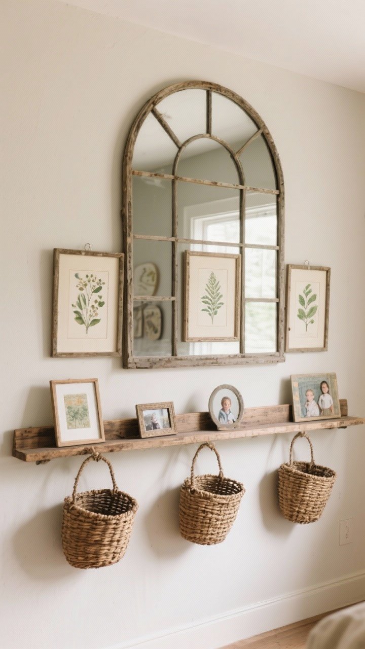 Straight-on wall view: Farmhouse wall decor that’s understated—an oversized vintage-style arched mirror reflecting light, a trio of framed botanical prints in thrifted frames, a salvaged wood picture ledge holding rotating small art and family photos, and a few shallow woven baskets hung for texture. Keep the color family neutral and earthy; lighting is gentle and even, creating a calm, cohesive look.