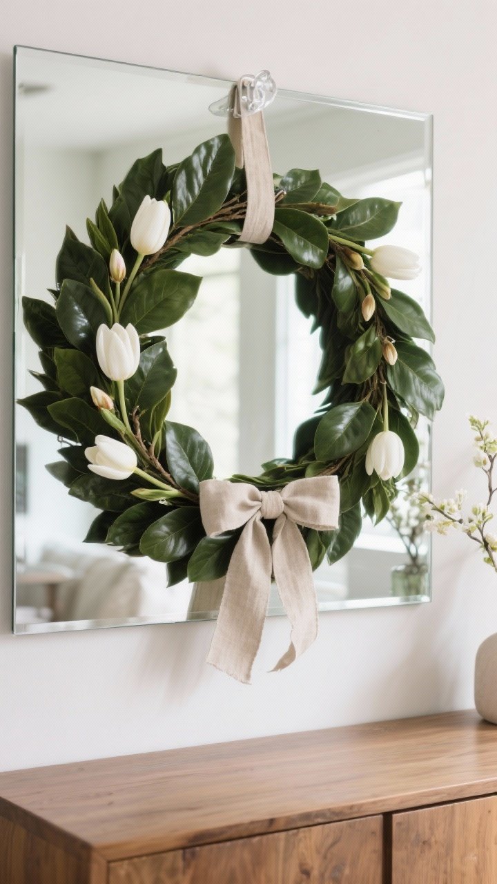 Wide interior shot of a neutral greenery wreath styled on a mirror above a console: lush faux magnolia-leaf base with glossy, deep-green leaves; subtle clip-on accents swapped for the season—tiny white tulips and buds suggesting spring; ribbon is soft linen tied in a loose tail; neutral palette that blends with light walls and natural wood, clear command hook visible on glass; even daylight, clean reflections, straight-on, photorealistic.