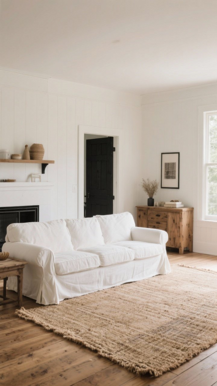 Wide room shot: A farmhouse living room with warm white walls (Swiss Coffee/Alabaster tone), an ivory slipcovered sofa, and a large jute rug layered over wood floors; add a low-pile vintage-look rug partially overlapping the jute for texture. Style with mixed woods and subtle matte black accents in the background, but keep the palette neutral: soft whites, warm beiges, gentle greige. Soft natural daylight bounces off the walls, highlighting layered neutral textures without clutter.
