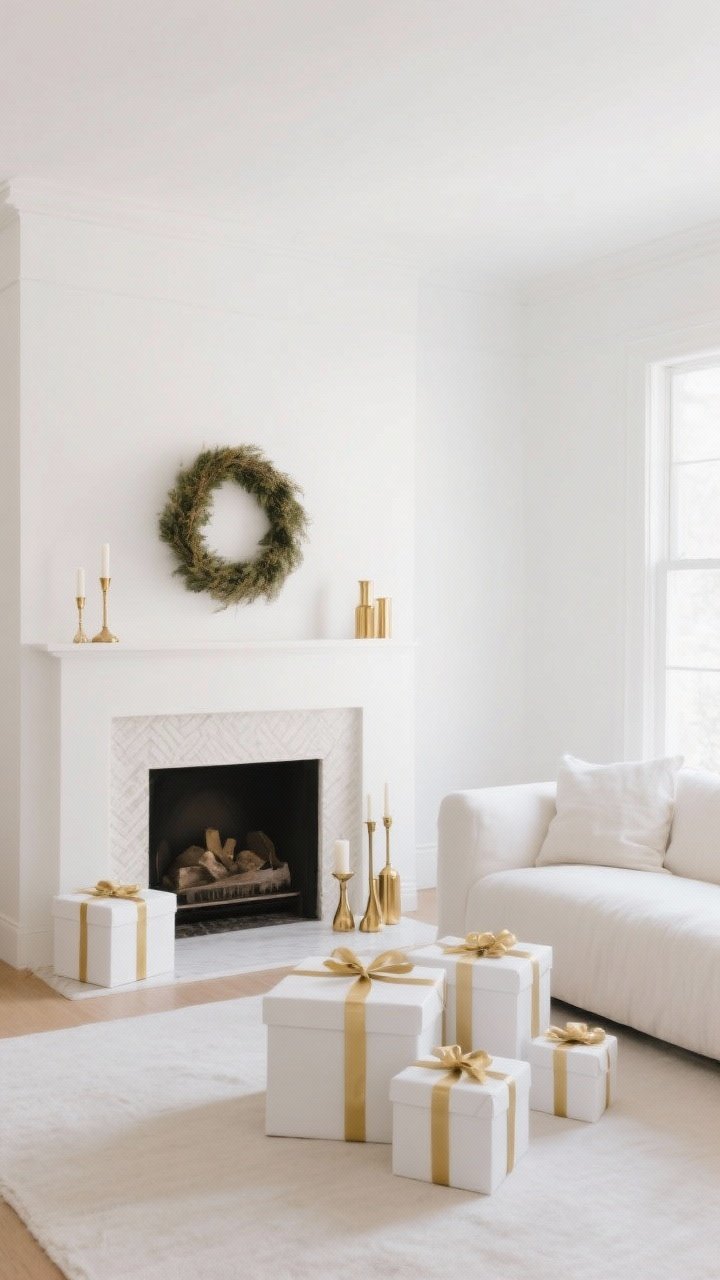 Wide room shot: A minimalist living room styled with a tight palette of white and gold; white walls, soft white linen sofa, matte white gift boxes with the same thin gold ribbon repeated on gifts, a simple wreath, and the mantel; brass accents limited to a few candleholders; patterns avoided except one subtle linen texture; warm natural daylight with a calm, airy mood; no clutter; clean, curated composition emphasizing restraint and consistency.