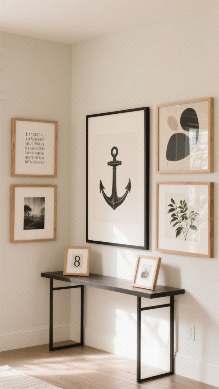 Wide room shot, corner perspective: A curated gallery wall with cohesive spacing—anchor piece at 16x20 centered, two 11x14 supporting prints, and three 8x10 fillers. Mix includes one typographic piece, one abstract, one moody photo, and one botanical, all repeating a subtle shared color (e.g., oat/cream accents). Frames are a balanced mix of natural wood and black, with precise 2-inch spacing between. Neutral wall, styled console below, soft afternoon light, photorealistic.