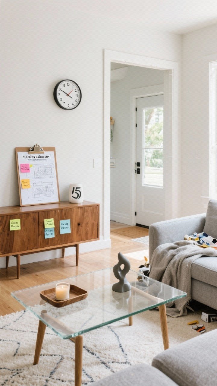 Wide room shot, straight-on: A bright, modern living room and entryway combo with a visible wall clock timer set to 75 minutes on a console table, a printed two-day declutter blueprint on a clipboard, and zones labeled with sticky notes: “Entryway,” “Living Room,” “Surfaces.” Clear coffee table with only three styled items (a tray, a candle, one sculptural decor piece). Natural daylight, energetic weekend vibe, neutral palette with warm wood and soft gray textiles, subtle clutter piles staged by zone boundaries to show a ruthless, time-boxed game plan.