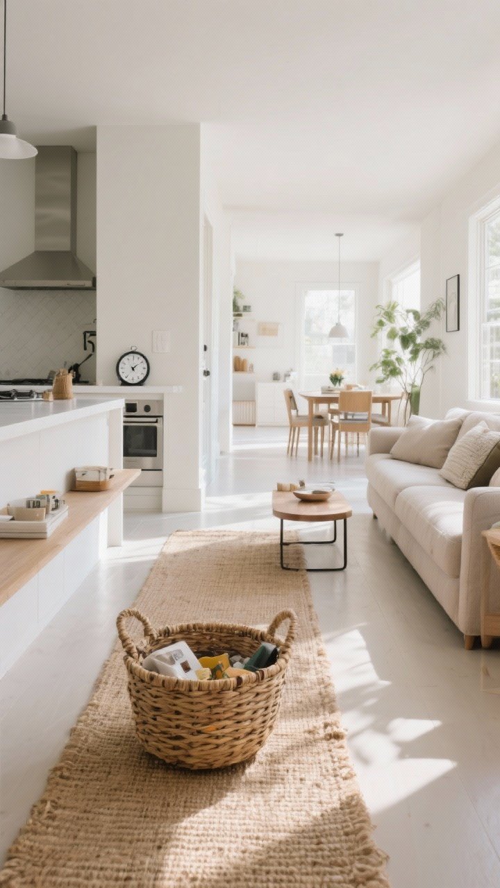 Wide shot: A bright, modern open-concept living/dining/kitchen path shown from a corner angle during daytime, with a stylish woven catch-all basket parked in a central spot on a jute runner, surfaces cleared for a just-tidied look; a visible 15-minute kitchen timer on the counter, entry console streamlined, sofa and coffee table free of clutter, basket holding mixed items to redistribute later; natural light, calm, functional vibe, photorealistic.
