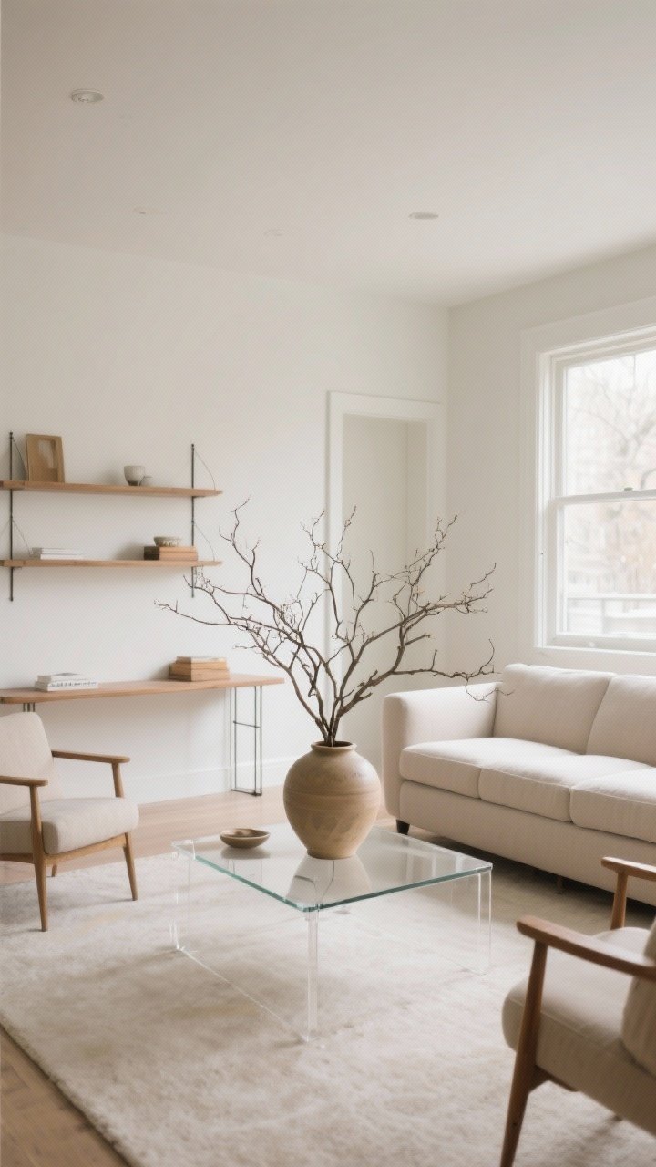 Wide shot: A decluttered living room with clear coffee table, console, and shelves; furniture pulled 6 inches off the walls to form a conversation zone around a neutral sofa and two chairs; a single oversized ceramic vase with dramatic branch clippings centered on the coffee table as the lone statement piece; minimal accessories, seasonal decor removed; soft natural daylight from a side window, straight-on perspective, photorealistic, cozy yet curated mood.