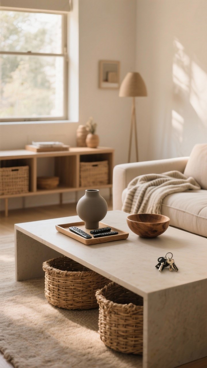 Wide shot: A decluttered minimalist living room with warm undertones, featuring a clean coffee table styled by the 3-Item Rule—one functional tray corralling remotes, one sculptural matte ceramic object, and one natural element like a small raw wood bowl—surfaces mostly clear, baskets neatly placed for blankets beside a low-profile sofa; soft, warm natural daylight filters in, emphasizing open space, clean lines, and intentional storage “homes” like a bowl for keys on a simple console.