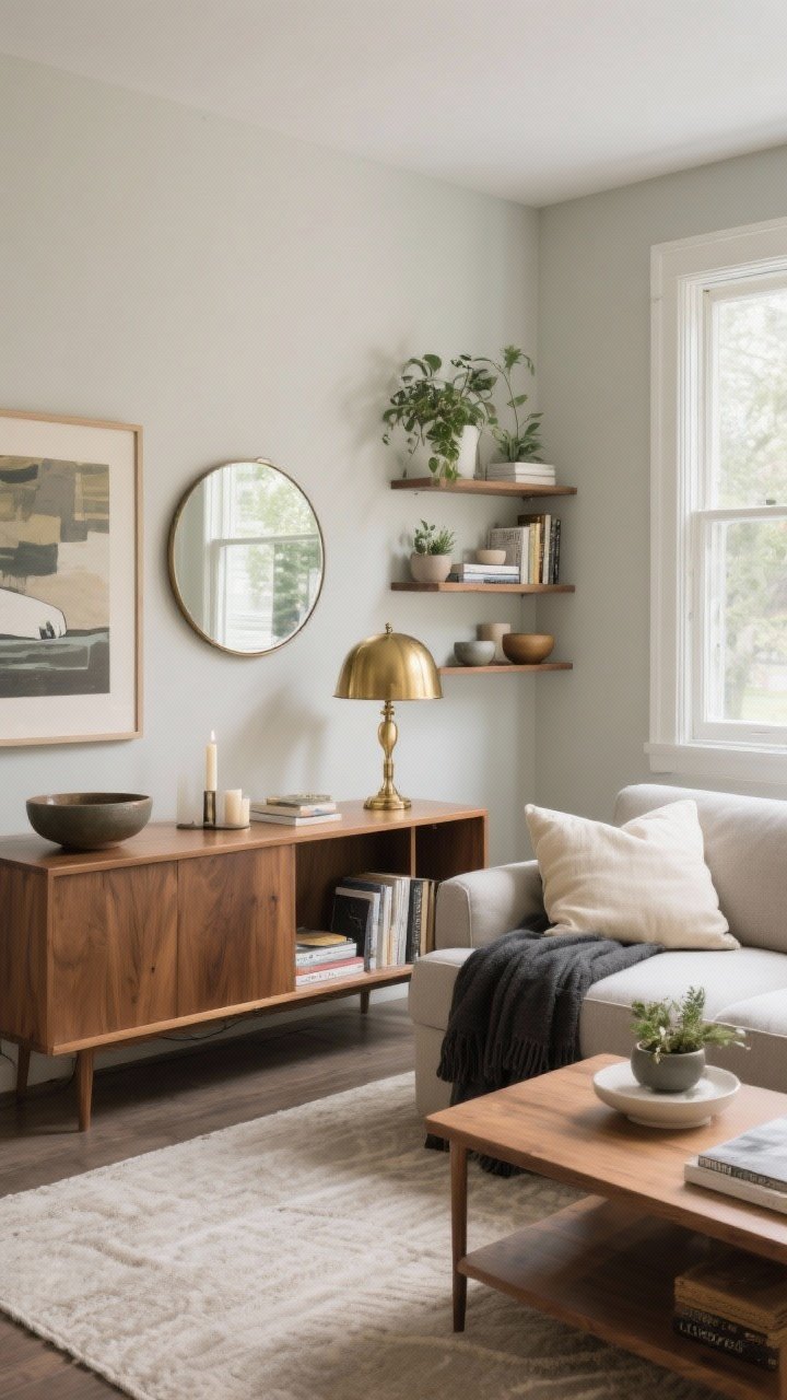 Wide shot: A living room freshly “shopped” from the home, showing a guest-room brass lamp repurposed as a living room showstopper on a wooden console, swapped art and a round mirror relocated from the hallway, styled shelves with books, bowls, candles, and plants, and rotated textiles (a charcoal throw and cream pillows) moved from a bedroom to the sofa; natural daylight from a side window, neutral palette with one muted accent color, everything rearranged to feel new without new purchases.