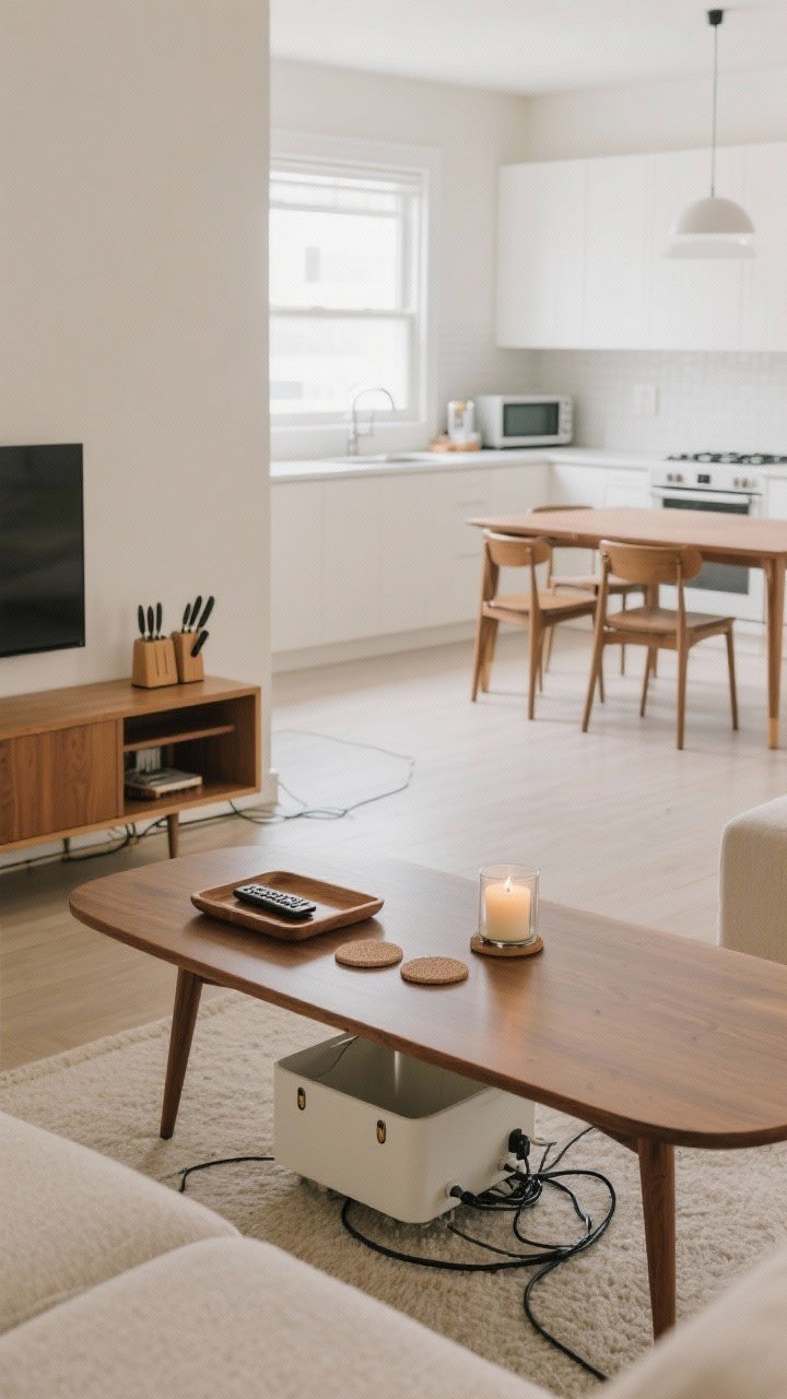 Wide shot: A living room just after a 20-minute declutter, with 90% clear surfaces. Straight-on view of a mid-century coffee table holding only a small tray with a remote, a single candle, and coasters; dining table in background similarly clear. Visible cable management: cords neatly contained in a matte white cable box with clips along the baseboard. Kitchen counter edge shows only daily-use items (toaster, knife block), with bulky appliances absent. Soft natural daylight, calm and curated mood, no knickknack clutter, balanced negative space.