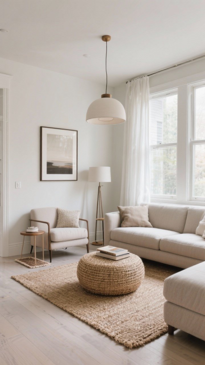 Wide shot: A living room layout optimized for flow, viewed from a corner angle. Defined conversation zone anchored by a natural fiber rug and pendant light; a reading nook marked by a floor lamp and small rug. Clear 30–36 inch walkways around furniture, sofa pulled a few inches off the wall, art centered at 57 inches creating balanced sightlines. Windows unobstructed by furniture, sheer curtains breathing light; overall airy, deliberate pathways.