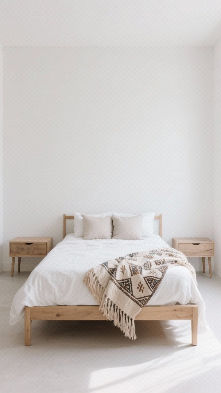 Wide shot: A modern boho bedroom with soft white matte walls, a low-profile light oak bed frame with clean lines, and crisp white washed-linen bedding. The neutral base is accented with one vintage-patterned quilt folded at the foot, a single textured tassel throw draped casually, and two restrained pillows. Minimalist nightstands, no ornate curves. Natural daylight, calm and curated mood, no clutter; the boho accents are intentional and sparse.