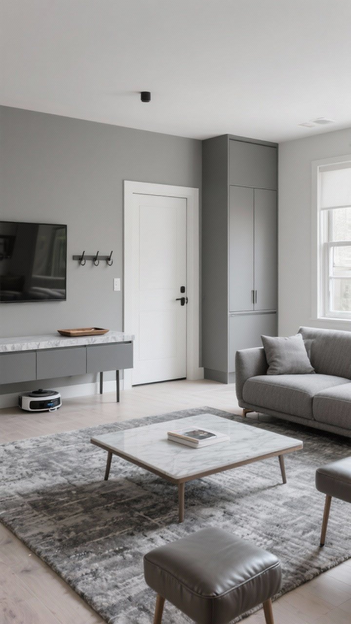 Wide shot: A modern living room designed for low maintenance, with matte-finish greige walls and matte cabinet fronts, a quartz waterfall console, a low-pile flatweave rug in a subtle mottled gray, and a sofa in performance fabric (crypton) with wipeable faux leather stools; layout features a tidy landing zone by the door with a tray, hooks, and a bench, closed storage credenza, and raised-leg furniture allowing a visible robot vacuum to pass underneath; soft natural daylight, clean lines, photorealistic, corner angle showing flow and “looks the same but cleans in seconds” vibe.