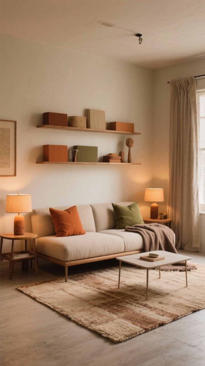 Wide shot: A small living room styled in a warm neutral color palette without painted walls—oatmeal, sand, and taupe textiles with earthy accents of terracotta, olive, and caramel. A cozy rug anchors a compact sofa with two terracotta and olive throw pillows; shelves are styled by color families to reduce visual noise. Lighting is warm 2700K–3000K bulbs in table lamps for a soft amber glow; no harsh overheads. Include a sandy-toned curtain, a taupe throw, and a minimal coffee table. Mood: grounded, inviting, curated, photorealistic, no people.