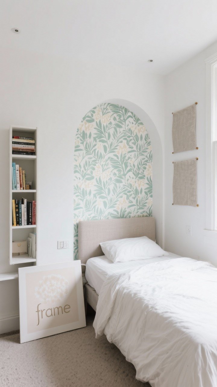 Wide shot: A small rental bedroom with a removable peel-and-stick wallpaper accent wall in soft sage-and-cream botanical pattern behind the bed, a faux headboard “frame” created by a large arch-shaped oversized decal, and a leaning oversized canvas on the floor against a white wall; include a narrow bookshelf with its back panel lined in matching peel-and-stick pattern, and a pair of fabric wall panels in textured linen attached with command strips for cozy, custom-looking texture; soft natural morning light, clean modern styling, no visible nail holes.