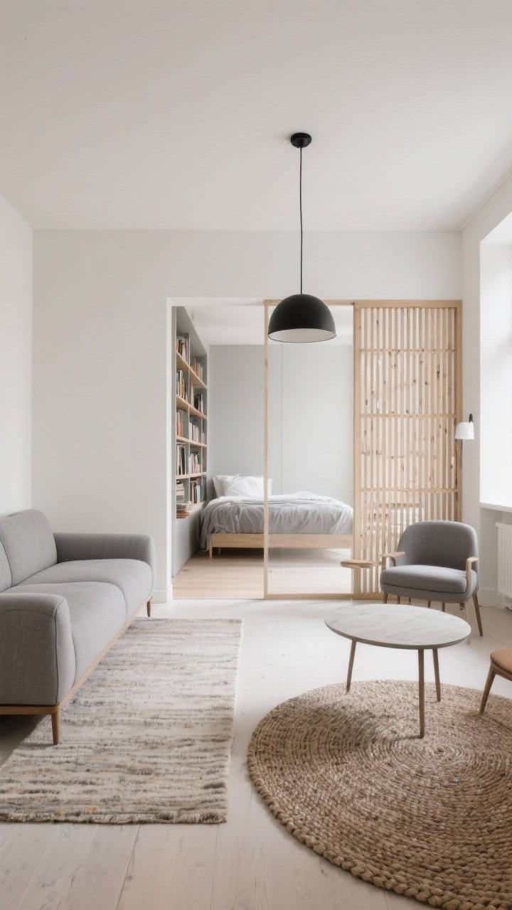 Wide shot: A studio apartment divided into clear zones without walls—a floating mid-century sofa in soft gray separates the sleeping area from the lounge; a slatted wood screen and an open back bookcase create airy partitions; two rugs define spaces (a low-pile neutral rug under the bed and a textured woven rug in the living area); a small round dining table anchored by a single matte-black pendant from the ceiling; cohesive color palette of warm white, soft gray, pale greige with muted accents; ample daylight, no people, photorealistic.