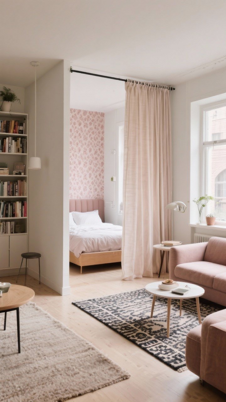 Wide shot: A studio apartment smartly zoned with soft dividers—two area rugs (a low-pile neutral for the lounge and a patterned flatweave under a small dining table), an open back bookshelf acting as a light-permeable divider, and a curtain partition on a ceiling tension rod creating a cozy bed nook; a removable wallpaper “panel” behind the bed suggests a faux headboard; cohesive color palette across zones in warm neutrals with muted blush and charcoal accents; bright diffused daylight.