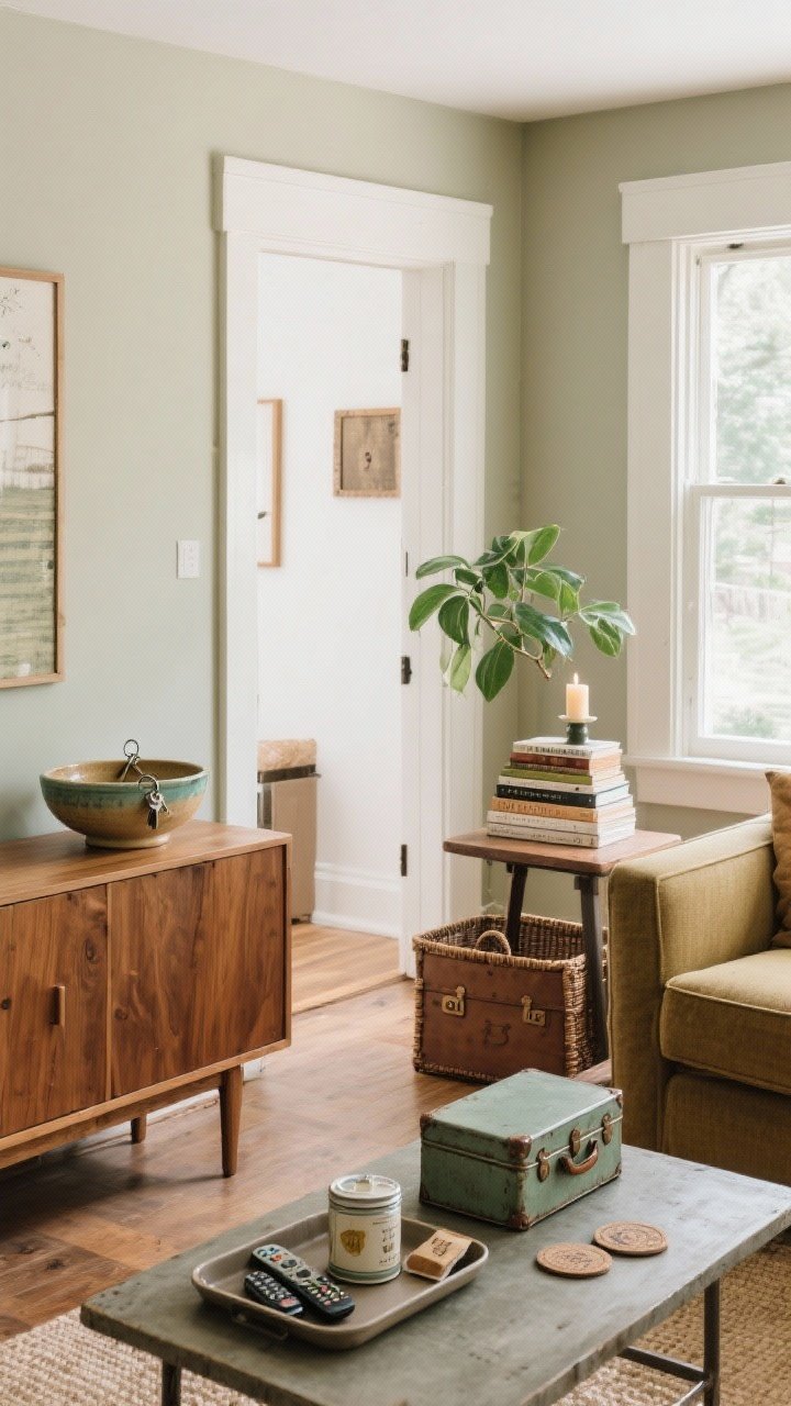 Wide shot, corner angle of a living room styled by shopping the house. Show a ceramic bowl repurposed as a key dish on an entry console, a spare tray corralling remotes and coasters on a coffee table, a vintage tin holding tea bags on a sideboard, and a short stack of books used as risers under a plant and candle. Include a small vintage suitcase doubling as a side table with a lidded basket nearby for hidden storage. Mix of wood, ceramic, metal tin; neutral base with muted greens and warm browns. Natural daylight, casual, charming, and free-feeling composition.