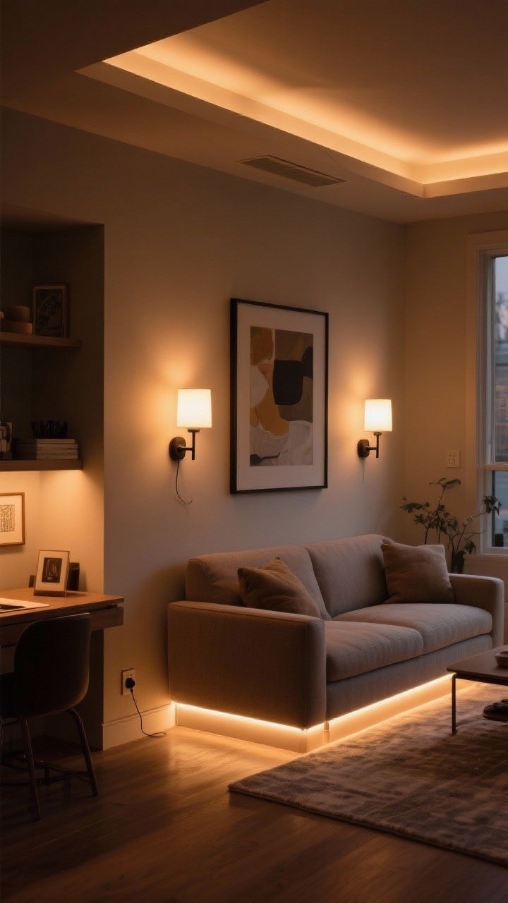 Wide shot, cozy evening ambiance: Layered lighting in a living room—pair of plug-in sconces flanking a sofa for ambient light, warm white bulbs at 2700–3000K, under-cabinet LED strip softly illuminating a nearby desk nook; a small dimmer plug visible near the baseboard; overall warm, inviting glow with gentle accent highlights on art and objects; no harsh overhead lights, just balanced layers.