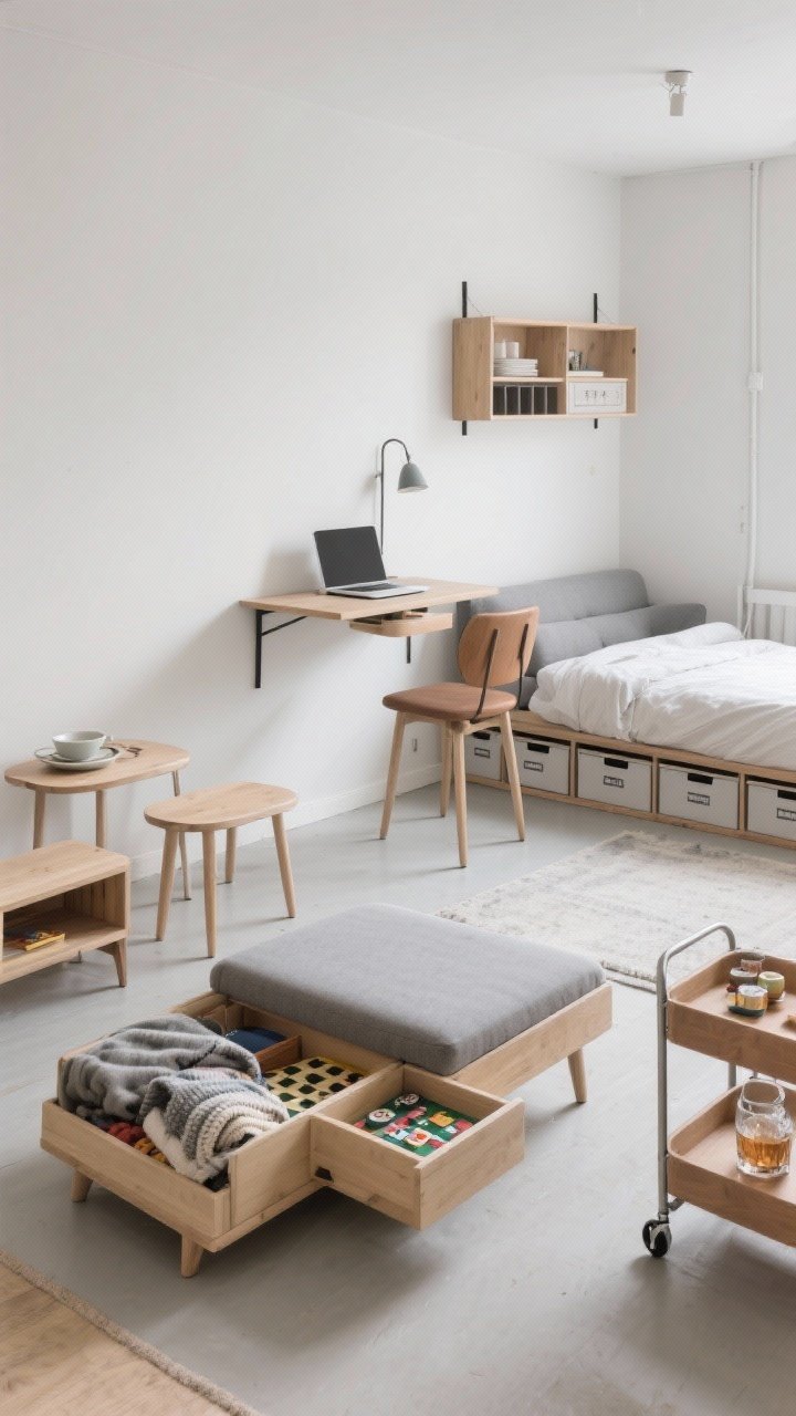 Wide shot of a compact studio living area showcasing double-duty furniture: a mid-century storage ottoman (open to reveal blankets and board games), a slim drop-leaf wall-mounted table used as a laptop desk set with simple dinnerware nearby, light wood nesting tables, a slim bench with hidden compartment, and a rolling bar cart positioned by the sofa; bed on discreet risers revealing labeled storage bins underneath; furniture on legs to show more floor, airy feel, neutral palette with light woods and soft grays.