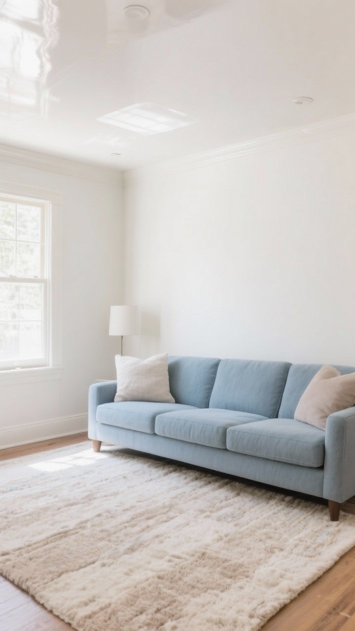 Wide shot, small living room in a soft, cohesive palette: walls and trim painted the same warm white (Benjamin Moore Swiss Coffee or Sherwin-Williams Alabaster vibe), pale taupe and greige accents; dusty blue sofa against powdery light walls; tone-on-tone textures in cream, oatmeal, and sand across a large rug and oversized upholstery; high-gloss ceiling subtly reflecting daylight; minimal decor to avoid hard visual stops; bright, even natural light, photorealistic, straight-on perspective.