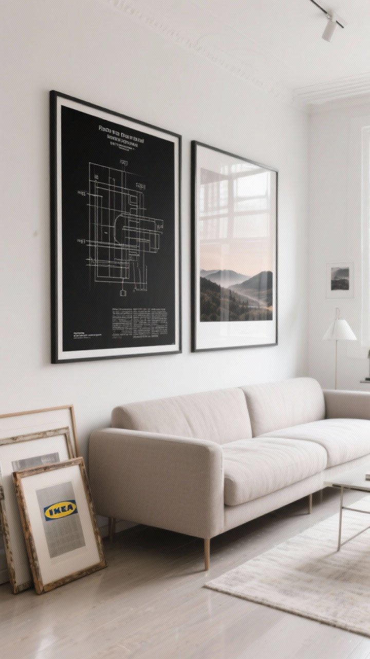 Wide shot, straight-on: Oversized printable art as a budget statement piece above a modern sofa—one large black-and-white engineer print with crisp vector typography in a matte black poster frame; another large muted landscape scaled from a high-res file on matte poster paper to avoid glare; IKEA and thrifted frames leaning on the floor nearby; neutral room palette with soft reflections controlled by matte finishes; bright but even daylight creating a polished gallery vibe.