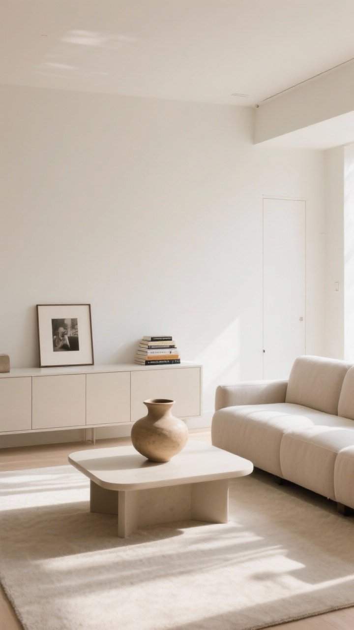 Wide shot, straight-on view of a minimalist living room after a ruthless edit: warm white walls, a single neutral sofa, a low rectangular coffee table with rounded corners left mostly clear, one sculptural ceramic vase as the “hero” piece, a single framed photo on a credenza, and a small curated stack of favorite books. Lots of negative space and clear surfaces, no duplicate decor, closed storage visible, soft morning natural light creating calm shadows. Mood: airy, curated, intentional.