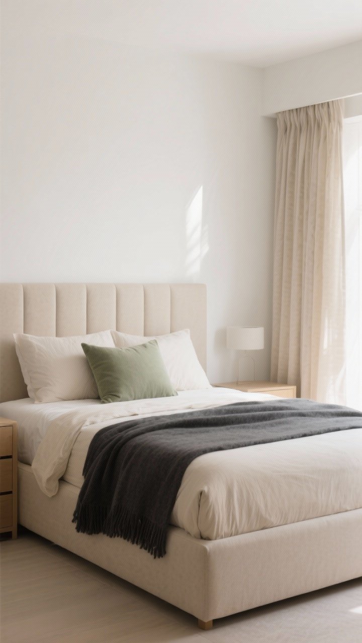 Wide, straight-on shot of a minimalist bedroom showcasing a cohesive calm color story: warm white walls, sand-toned linen curtains, charcoal accent throw on the bed; neutral upholstered headboard, oat bedding with a whisper of sage in a single throw pillow; undertones matched and consistent; large pieces (walls, bed, dresser) in warm neutrals with the soft accent limited to bedding/throw; natural morning light, no clutter, photorealistic.