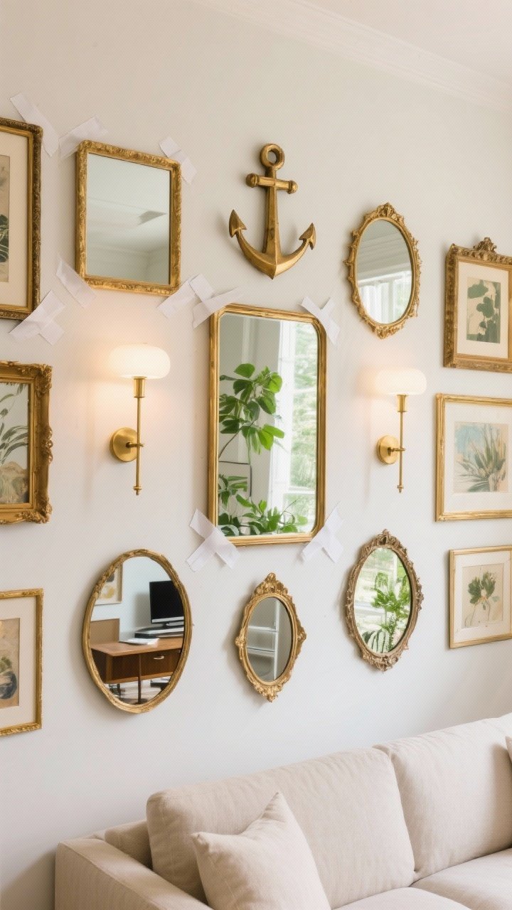 Wide wall view of a curated mirror gallery in a living room. Theme: all gold frames with mixed silhouettes—one large rectangular anchor mirror centered, surrounded by smaller vintage, modern, and curvy mirrors balanced in layout. Paper templates are taped around the arrangement to show planned spacing. A pair of slim brass sconces integrated between mirrors adds warm dimmable glow. Reflections capture greenery and art, not a TV or desk. Neutral walls, refined, bright yet calm ambience.