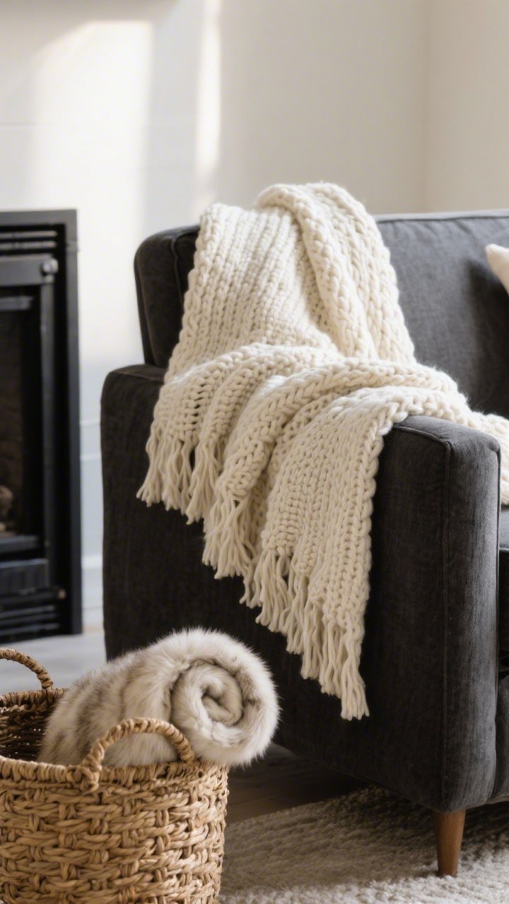 A closeup detail of a chunky knit ivory throw blanket in a waterfall drape over the back corner of a charcoal linen sofa, cascading with gentle folds. In the foreground, a rolled faux fur throw sits in a woven seagrass basket near a black steel fireplace frame. Texture is the star—knit, fur, and linen contrasting—soft warm afternoon light grazing the fibers for a luxe feel.