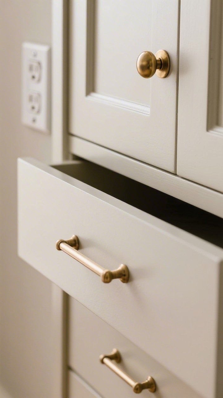 A closeup detail of a dresser drawer with fresh hardware: streamlined brushed brass pulls installed at measured center-to-center spacing; adjacent cabinet door shows a matching brass knob for mix-and-match interest; consistent metal finishes on nearby switch plate and outlet cover for polish, soft directional light emphasizing the gleam