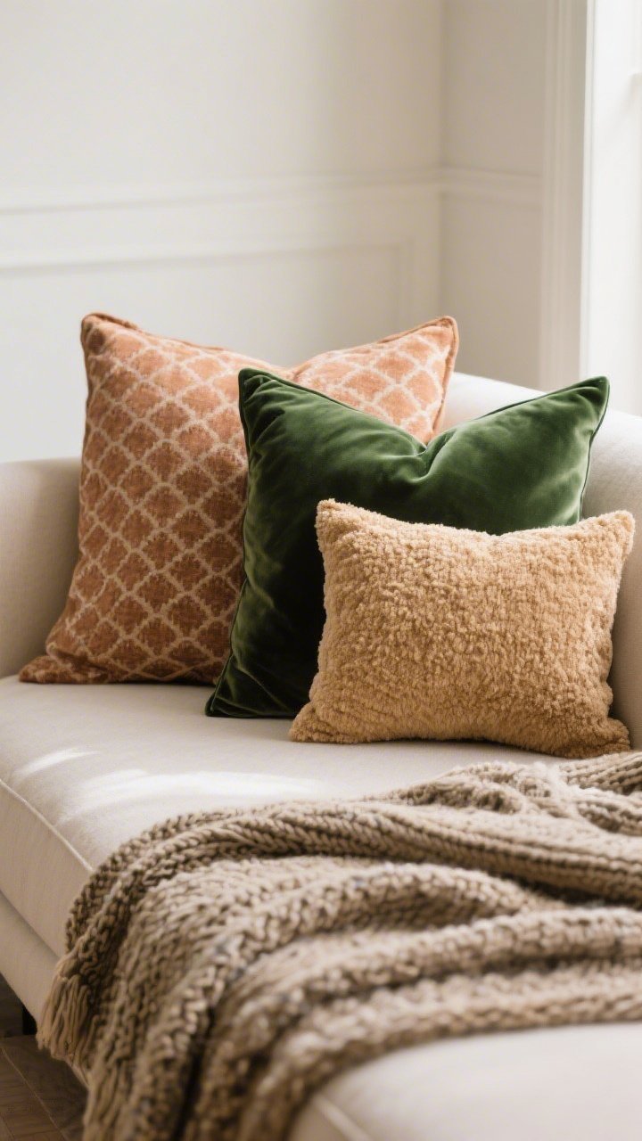 A closeup detail of a sofa corner with upgraded throw pillow covers: a 22-inch velvet pillow in deep forest green, a subtle patterned linen pillow in warm clay tones, and a solid bouclé pillow in warm beige; plump 24-inch inserts for fullness, a contrasting knit throw blanket casually layered, natural light highlighting textures