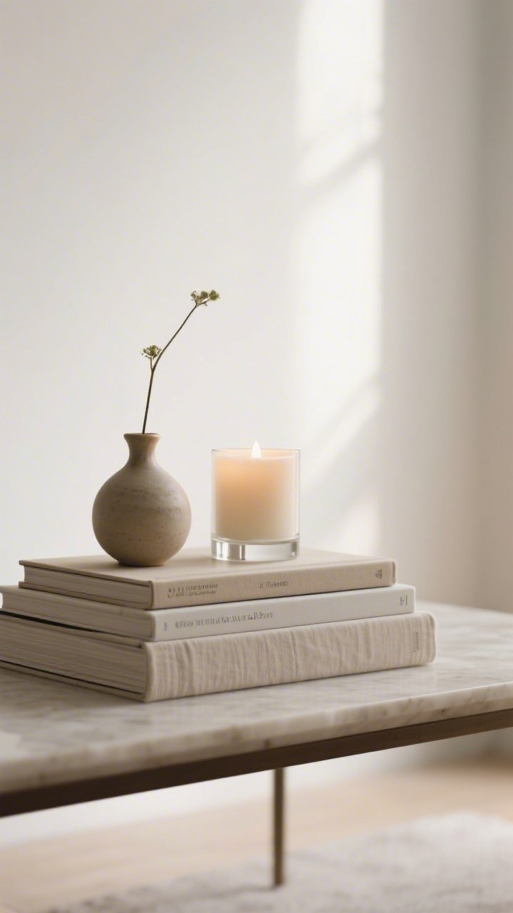 A closeup detail of a styled coffee table using the rule of three: stacked books, a small ceramic vase with a single stem, and a softly glowing candle; negative space around the trio keeps it airy; textures mix matte ceramic, smooth glass, and linen-bound spines; gentle afternoon light adds warmth.